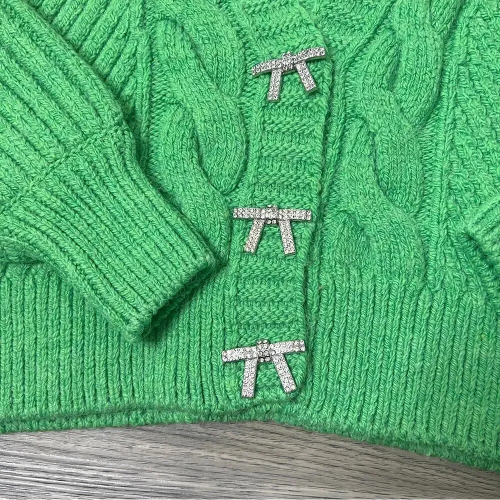 EUC River Island chunky knit boxy cardigan sweater bright green size XS - Picture 5 of 7